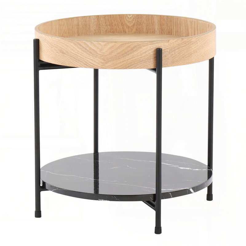 Table de bout à matériaux mixtes - plateau en bois naturel, structure en métal noir, tablette en faux marbre