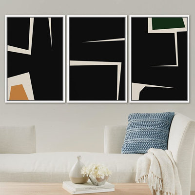 Black Geometric Abstract Shapes Minimalist Modern Eclectic Wall Art Framed On Canvas 3 Pieces Print