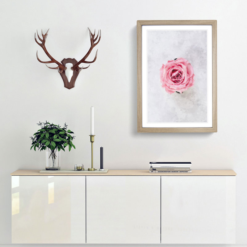 Lone Pink Rose - Framed Print, 33cm H x 24cm W x 2cm D, Oak Framed