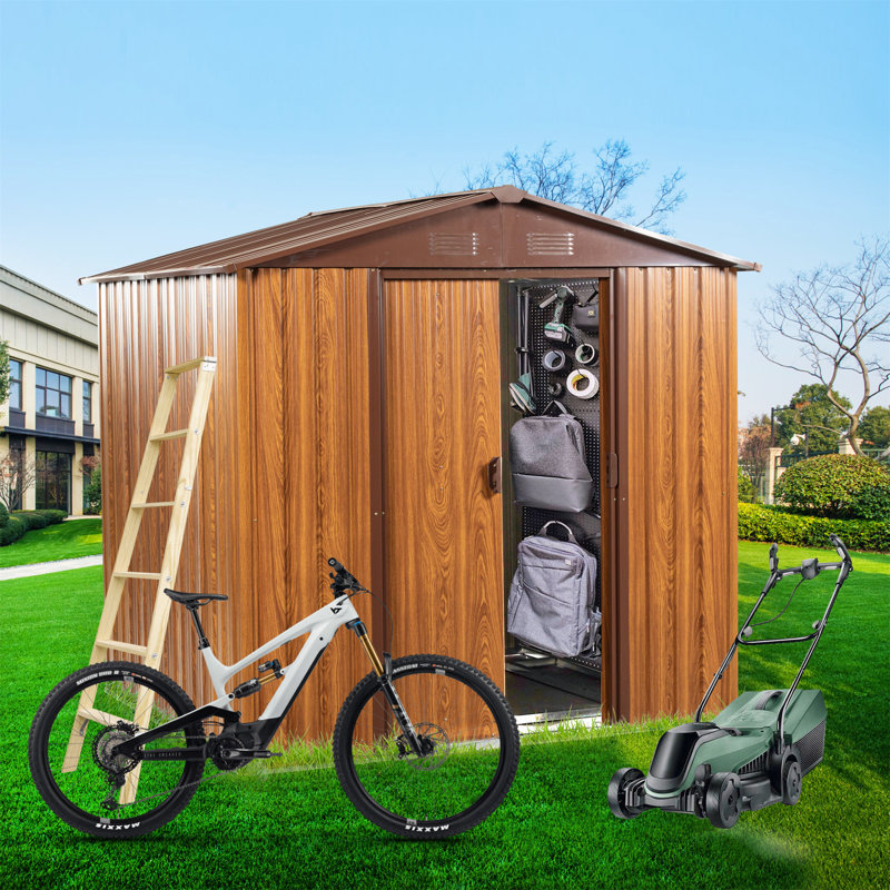 Plastic Storage Shed,Metal Storage Shed with Vents and Sliding Doors, 6' H x 5.7' D, Brown