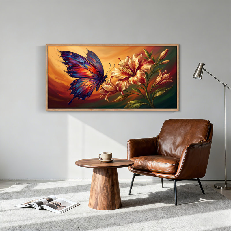 Tableau encadré sur toile « Papillon et fleur », 122 x 61 cm (48 x 24 pouces), 1 pièce, 48 x 24 pouces