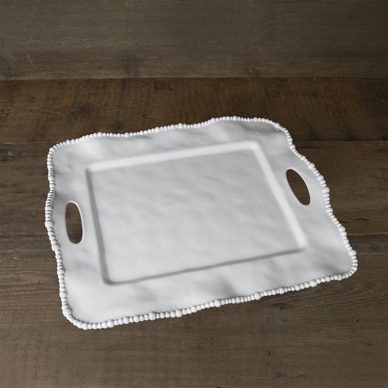 White Melamine Rectangular Tray with Handles and Pearl Rim