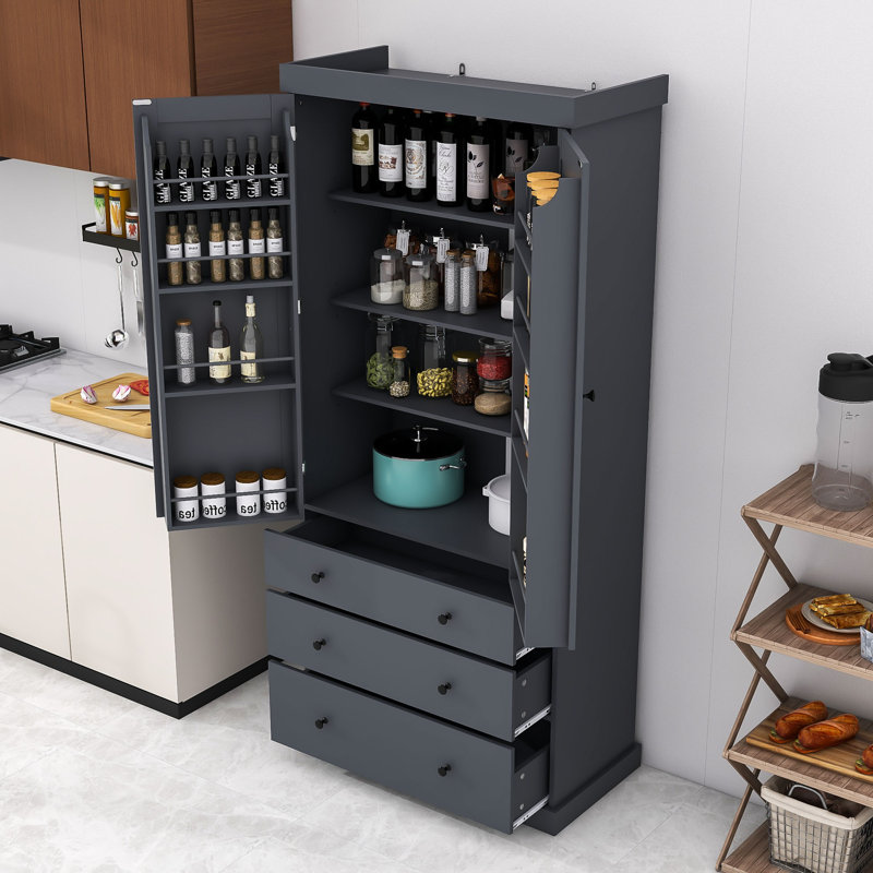 Garde-manger Natalene, armoire haute autoportante avec 3 tiroirs et tablettes réglables, Gris