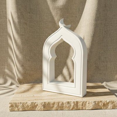 Mihrab Stone Arch Decor with Crescent Moon – Cast Stone Islamic Prayer Niche Sculpture & Candle Holder Accent