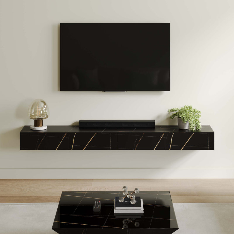 Hithin Floating TV Stand, Entertainment Center with Drawers, Solid Wood, Fully-Assembled, 86.61", Black