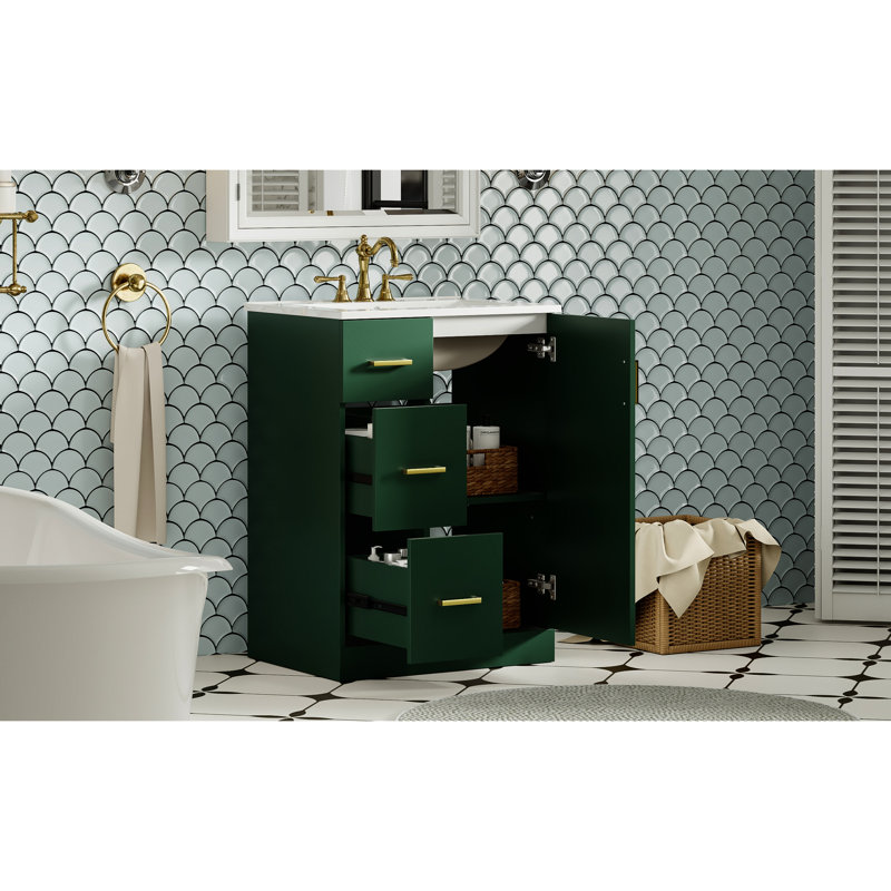 Meuble-lavabo de 24 pouces avec lavabo, 2 tiroirs et porte à fermeture en douceur: style minimaliste et élégant pour les petites salles de bain
