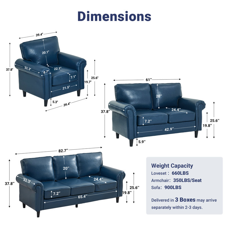 3- Piece Sofa Set Faux Leather Couch Rolled Arm Chair Living Room Set, 3 Pcs: Chair, Loveseat, Sofa, Royal Blue