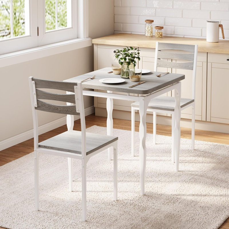 Ensemble de salle à manger 3 pièces gris et blanc avec pieds en spirale et 2 chaises pour petits espaces