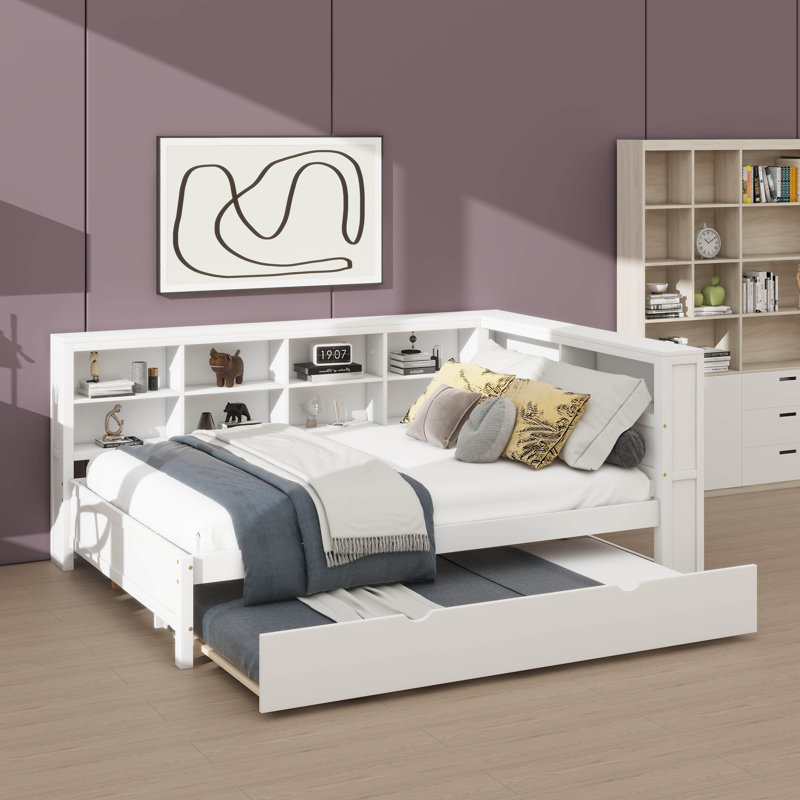 Lit de jour double en bois avec lit gigogne, y compris tablette de rangement et ports de chargement USB