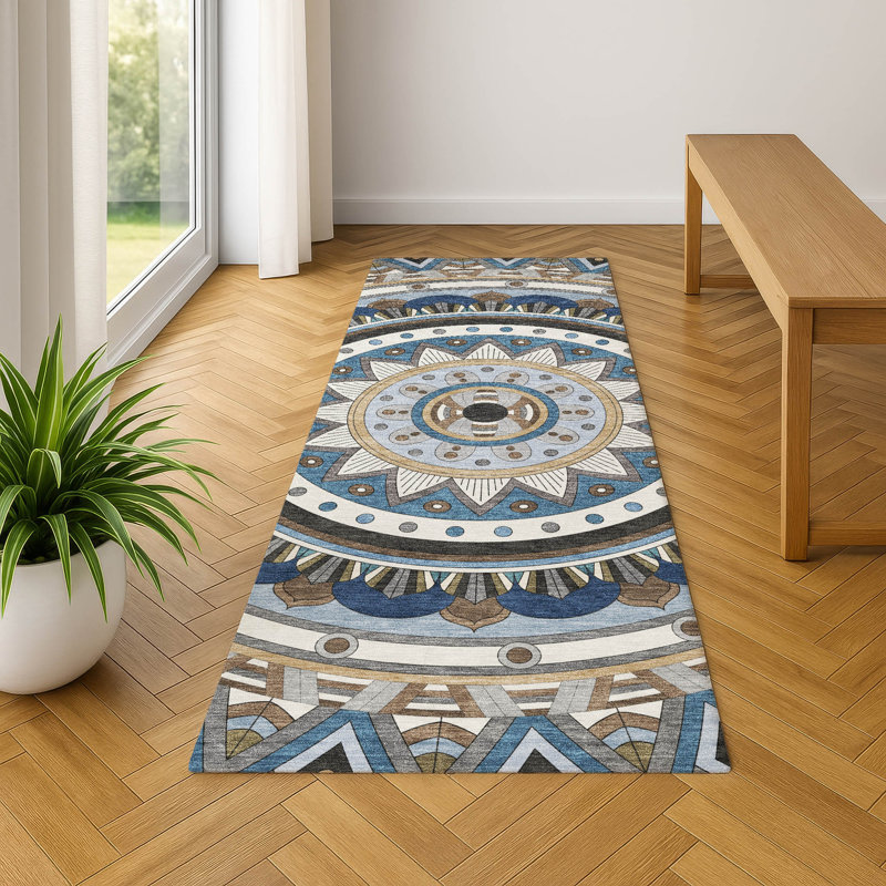 Premium Machine Washable Mayfield Geometric Rug, Denim, 2'3" x 7'6" Runner