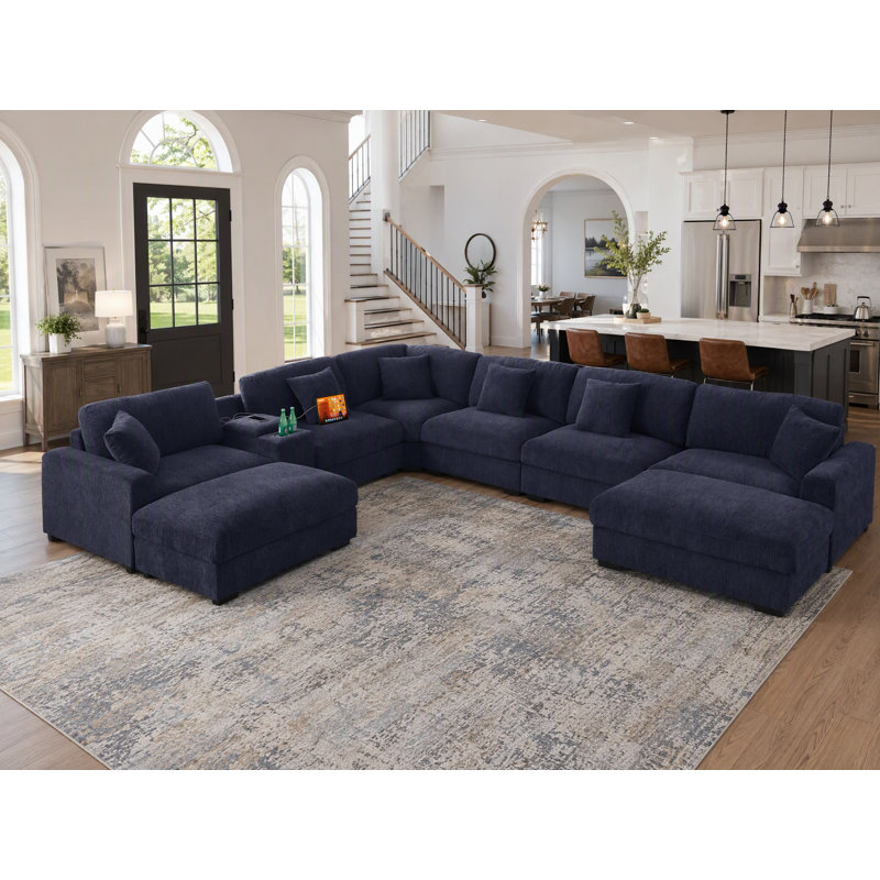 Canapé modulaire surdimensionné en chenille surdimensionné avec deux grands repose-pieds, Chenille bleu foncé