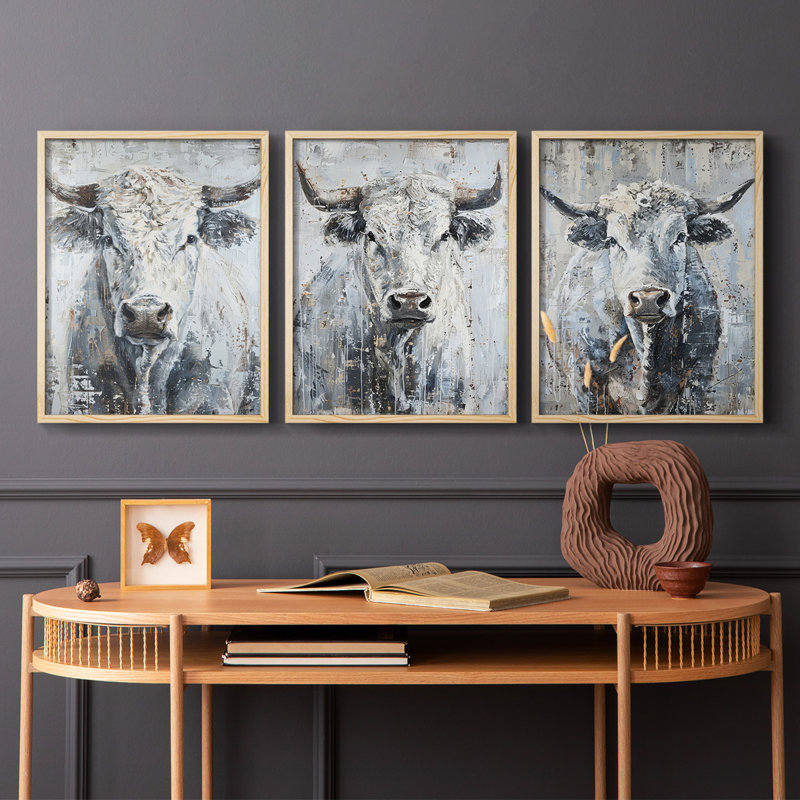 Bovine Study  Series  XLIII  -Set Of 3 Framed Giclee Prints -Ready to Hang, Natural Framed, 10" H x 8" W