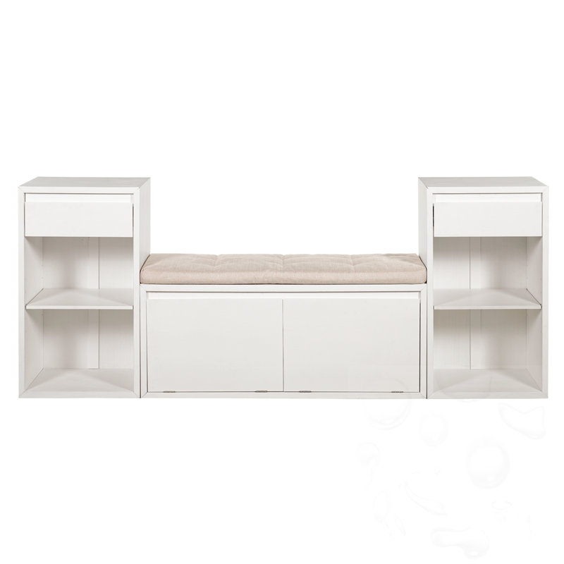 Banc de rangement pour chaussures avec coussin, tiroirs et tablettes ouvertes, White