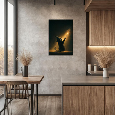 Art mural d'Halloween encadré - Chat rétro sorcière, décoration murale d'Halloween, chat noir effrayant pour la décoration intérieure, reproduction sur toile tendue prête à être accrochée 18 po x 24 po