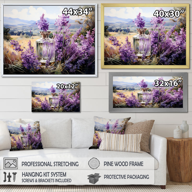 Lavender Fields Perfumes 2 - Perfumes Wall Art, Gold Closed Corner Framed, 34" H x 44" W x 1.5" D