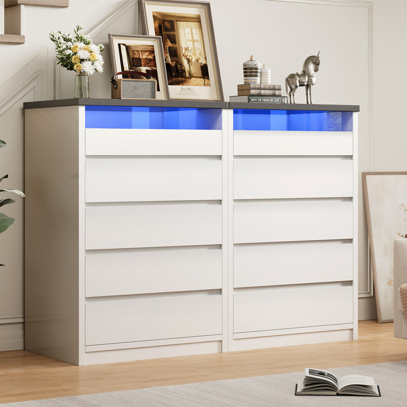 White Larger 5-Drawer Dresser With LED Light & Hidden Handles – For Bedroom, Living Room, Entryway, Hallway