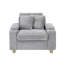 Grey corduroy single sofa with one pillow, two throw pillows, a footstool and two storage Spaces.