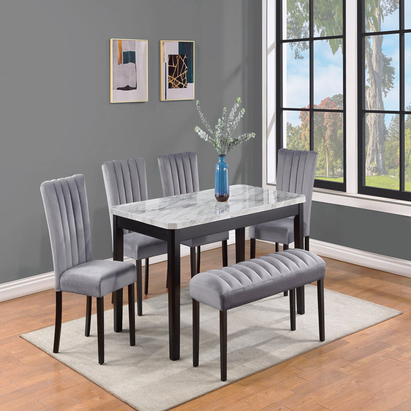Ensemble de salle à manger 6 pièces rectangulaire contemporain en faux marbre et plateau en bois massif