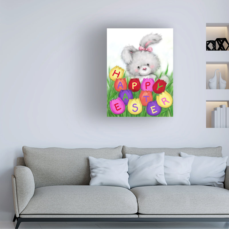 Art sur toile, lapin de Pâques avec tulipes, H 14 po x l 19 po