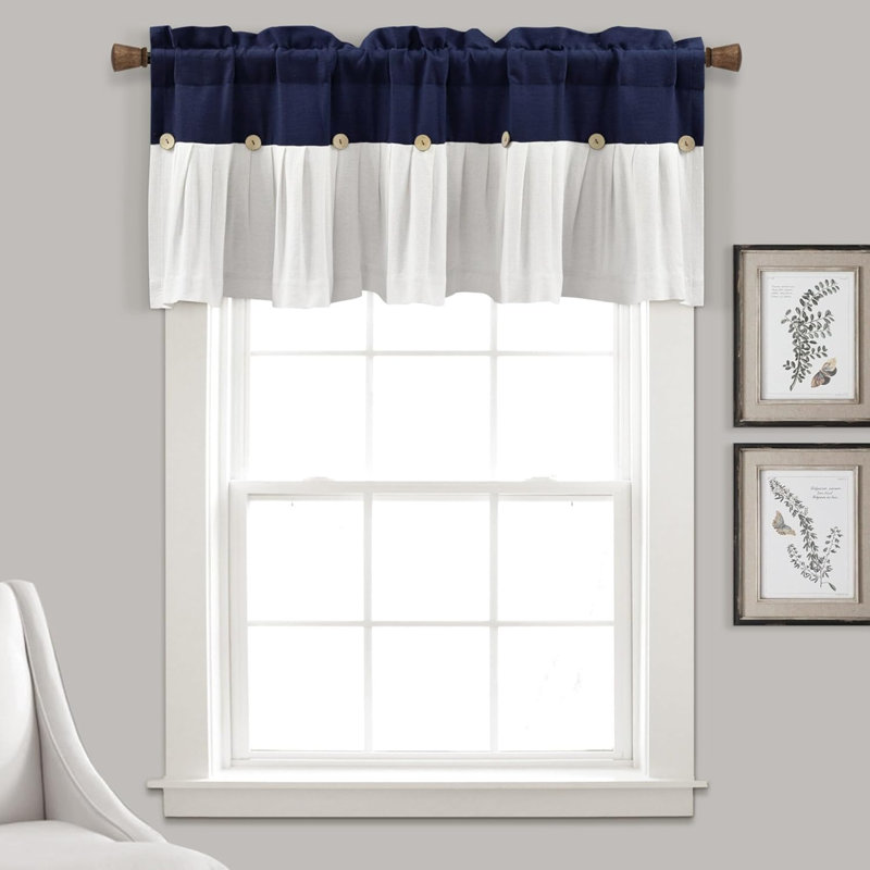 Linen Button Farmhouse Valance, 52" W X 18" L, & - Rustic Kitchen Valance For Windows - Pleated Color Block Design With Coconut Husk Button Detail - Kitchen Curtains Valance