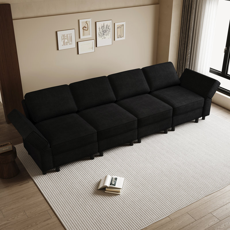Canapé modulaire à 4 places Elda, Velours côtelé noir