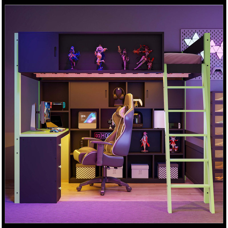 Lit mezzanine double en bois avec bureau, grand espace de rangement et lumière, vert, Vert
