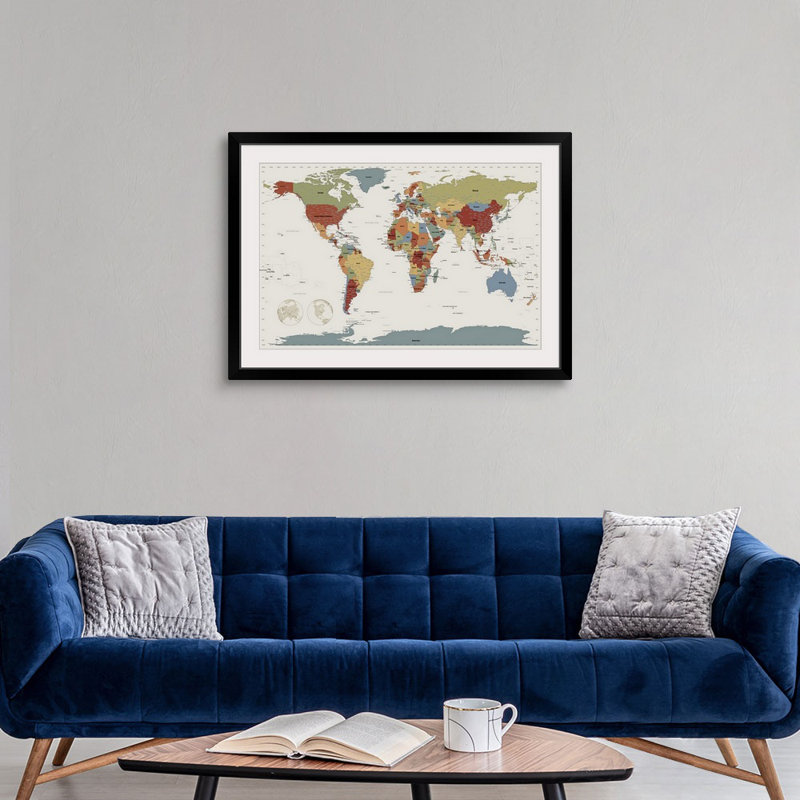 «World Map», impression par Michael Tompsett, H 32 po x l 44 po x P 1 po, Cadre noir
