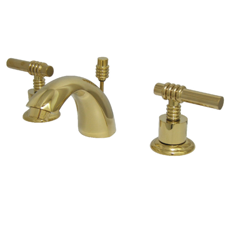 Kingston Brass Two-Handle 3-Hole Deck Mount Mini-Widespread Bathroom Faucet with Brass Pop-Up, Polished Brass