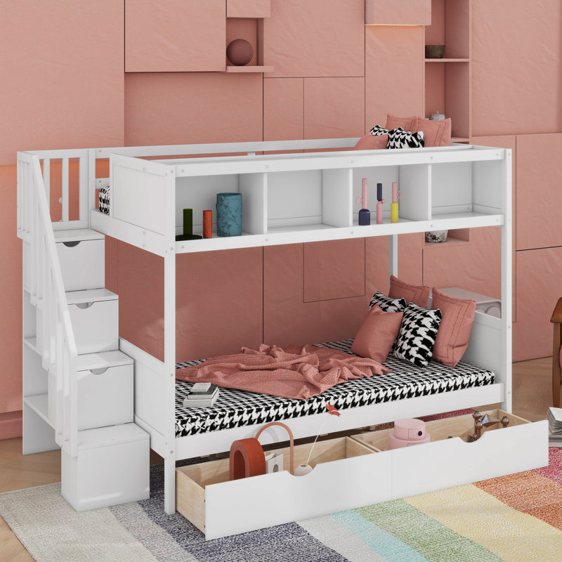 Twin Over Full Bunk Bed With Shelfs, Storage Staircase And Drawers, White