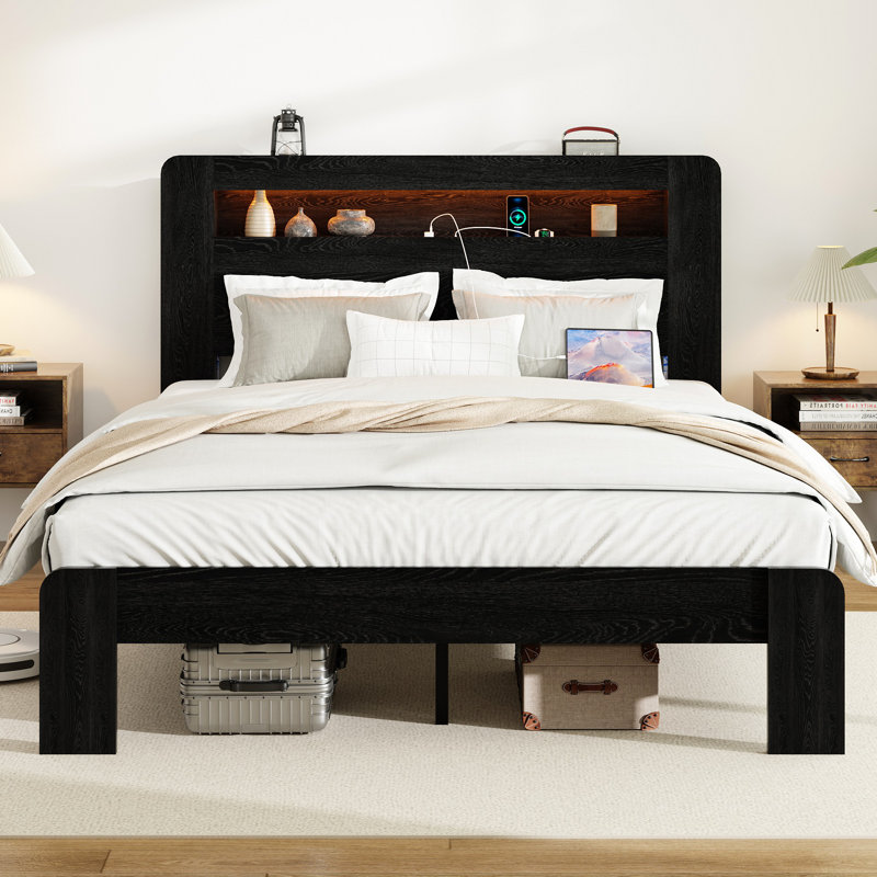 Structure de lit Structure de lit plateforme en bois avec tête de lit à DEL avec rangement et 2 ports USB, silencieux, aucun sommier nécessaire et outil d'assemblage facile, grand rangement sous le lit