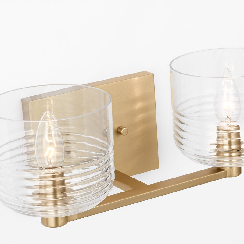 Lochdale Bathroom Bedroom Wall Fixture With Clear Ribbed Shade, 2 Lights, Satin Brass, 6.125" H x 14.75" W x 7.875" D
