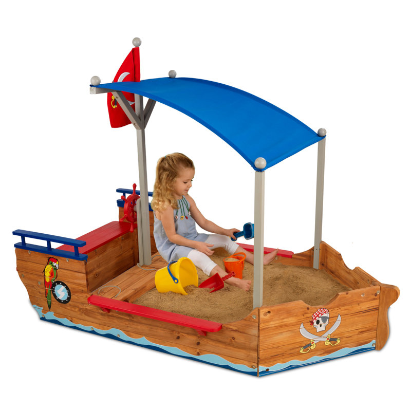Wooden Pirate Sandbox with Canopy, Covered Kid's Sandbox, Blue & Red