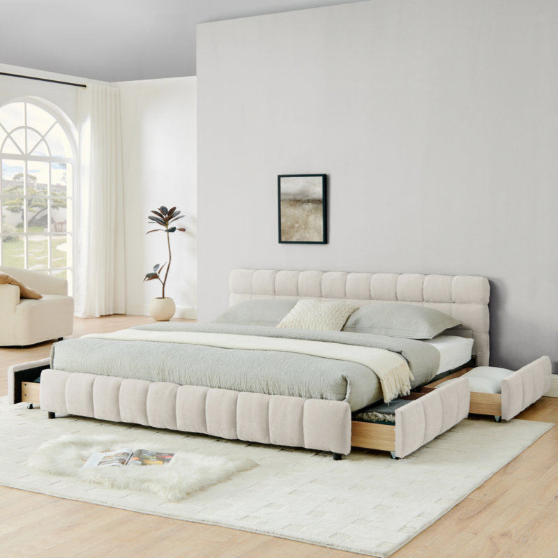 Storage Upholstered Bed Frame with Thick Fabric, Beige, King