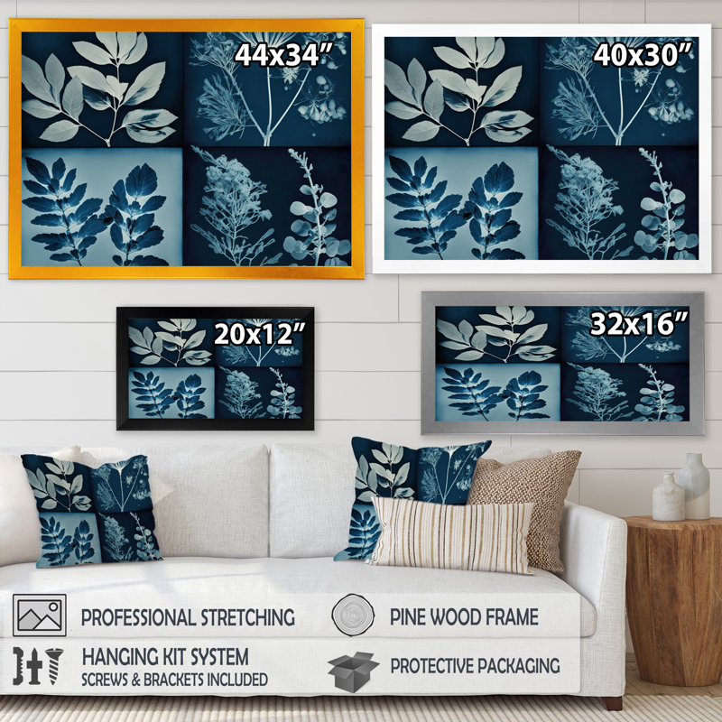 Fleurs sauvages rétro dans les tons de bleu - reproduction sur toile, H 12 po x l 20 po x P 1 po, Encadrement doré