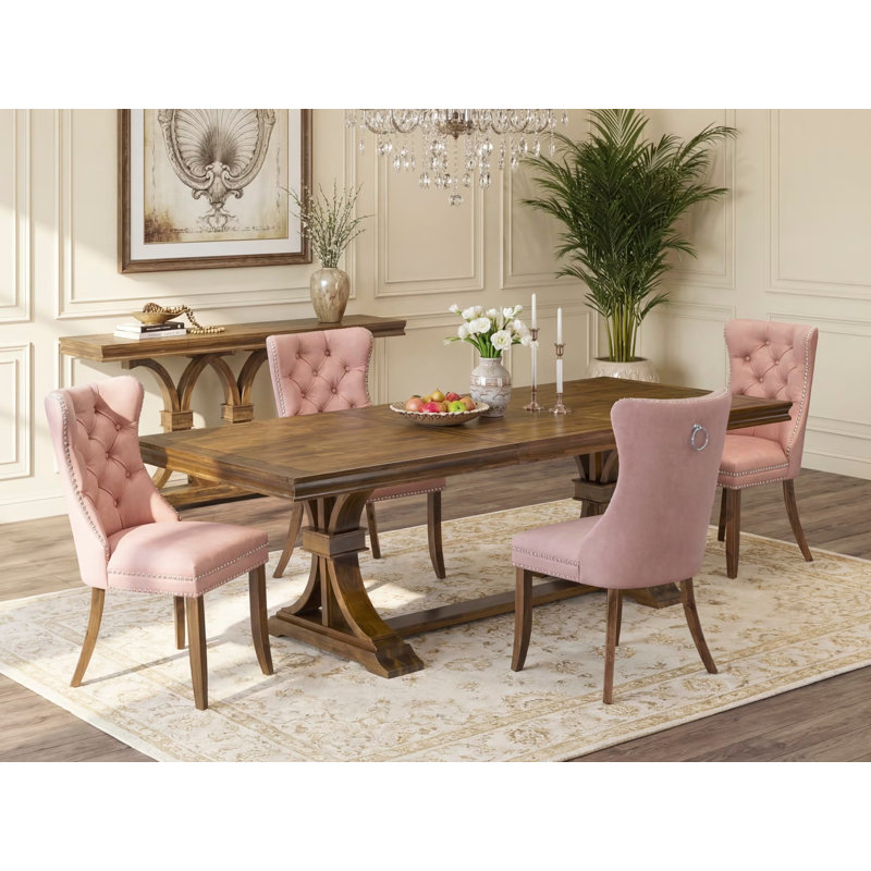 L'ensemble de table de salle à manger 5 pièces se compose d'une table de salle à manger moderne et de 4 chaises de cuisine en tissu de polyester rouge beige avec dossier capitonné - Finition noyer antique