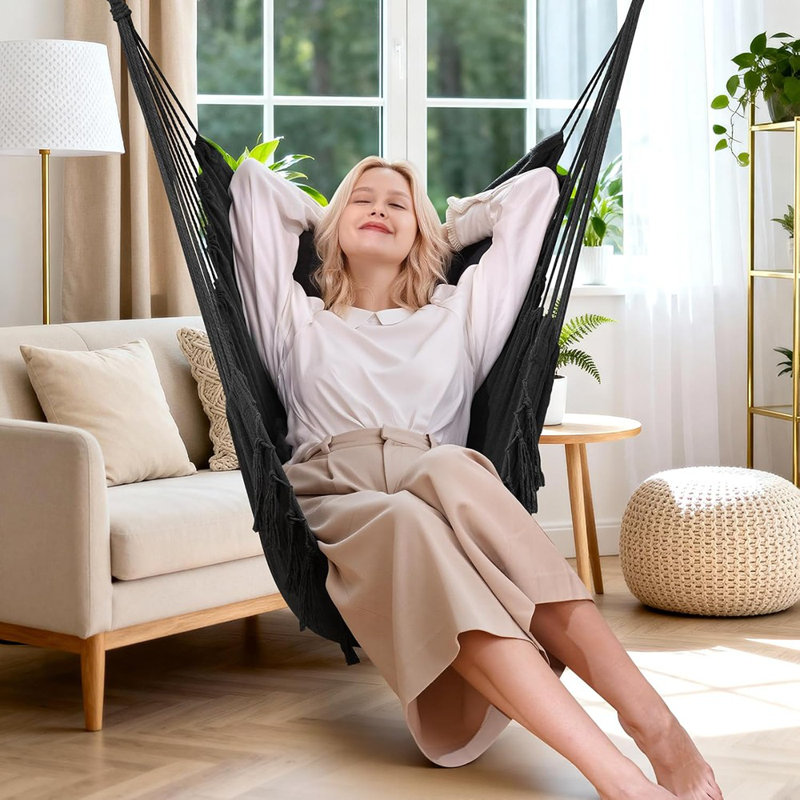 Balancelle pour hamac avec 2 coussins Macrame, tissage de coton, capacité de 500 lb, gris foncé