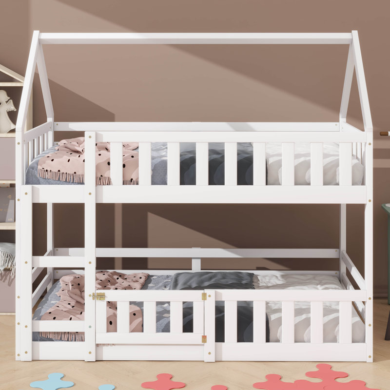 Twin-On-Twin Bunk Bed With House-Themed Fencing & Door Accents, White