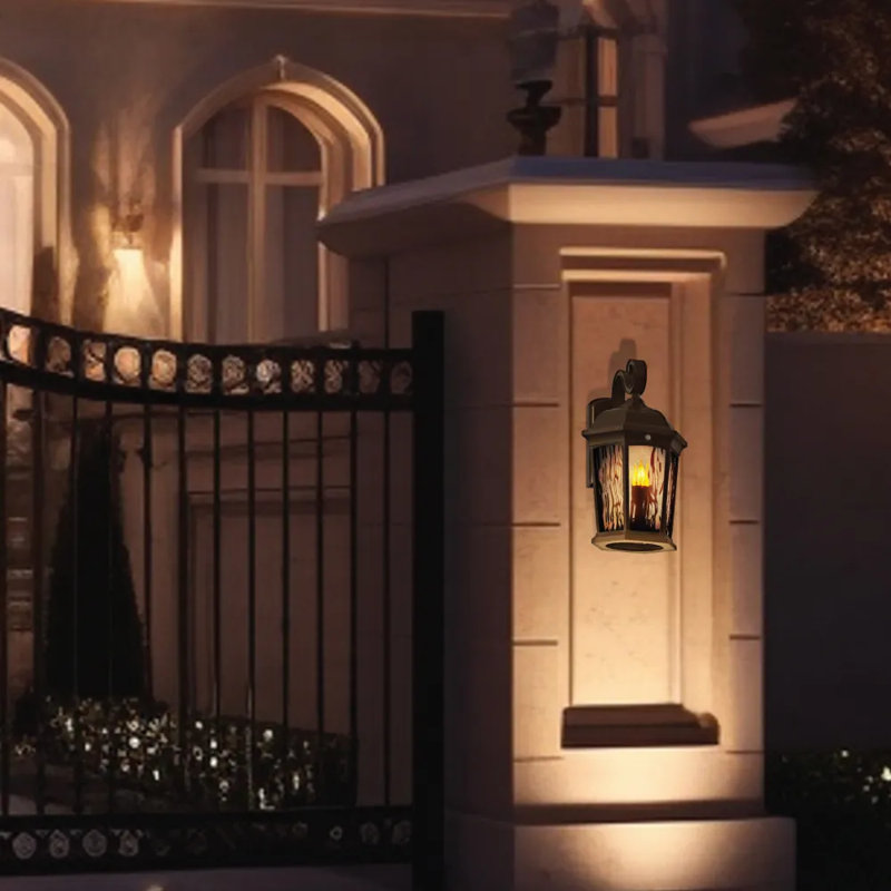LED Flickering Flame Wall Lantern Security Light Wet Rated Motion Sensor Dusk to Dawn, Bronze Finish, Black