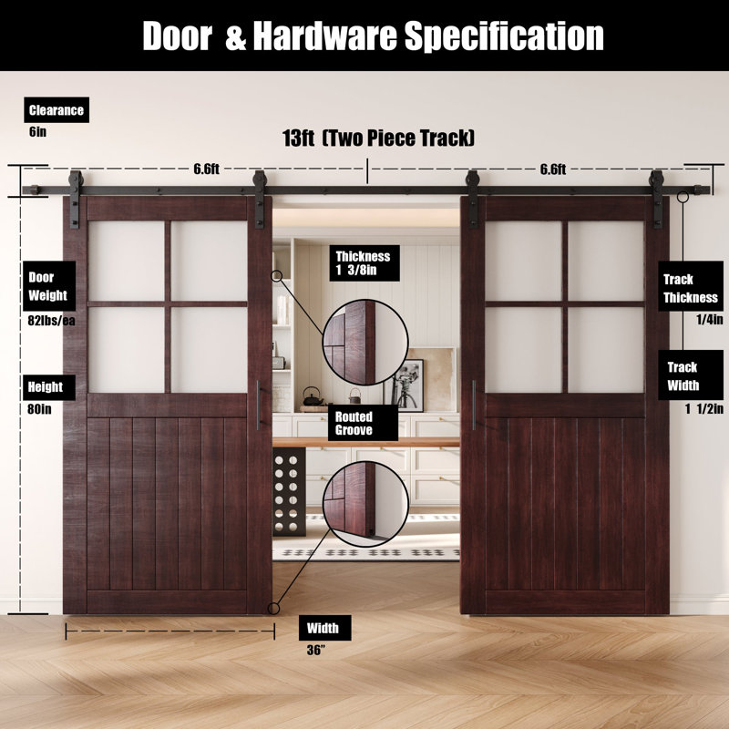 Portes de grange non assemblées et finies en verre givré double 36 po x 80 po Homacer Red Homacer, 36 po x 80 po