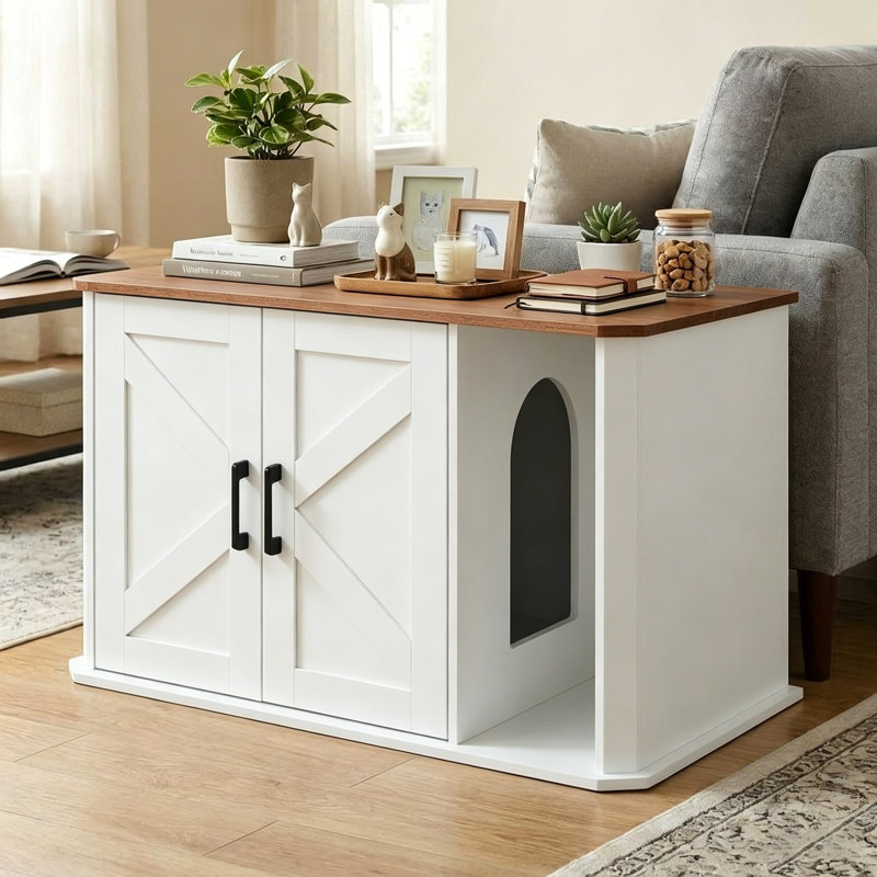 Metal Litter Box Enclosure, Brown/White