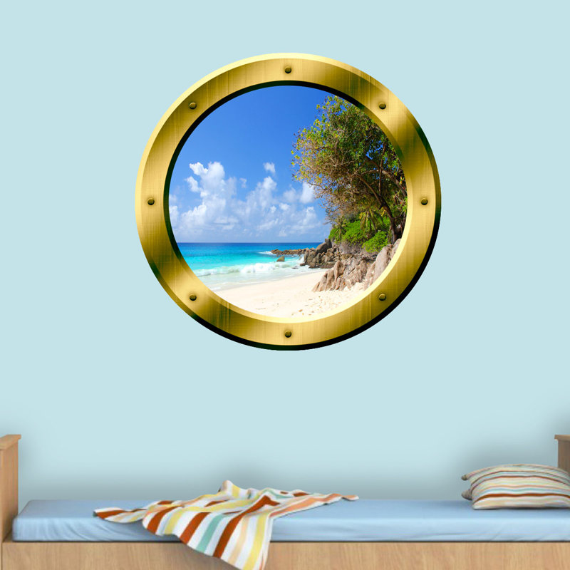 Décalcomanie murale hublot îlot beach view 3d, H 14 po x l 14 po x P 0,01 po, Or