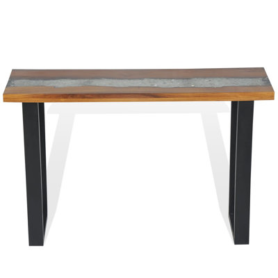 vidaXL Console Table with Glass and Resin Inlay, Wooden End Table, 39.4''x13.8''x29.5'' Teak Wood