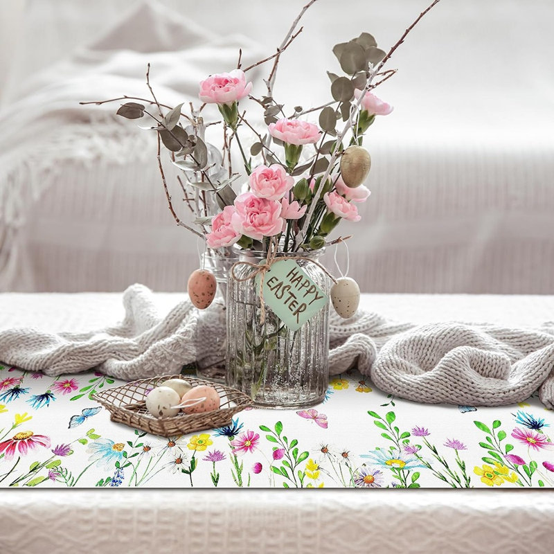 Chemin de table Wildflower & Butterfly - Multicolore - Décoration de maison et de fête en lin, printemps et été
