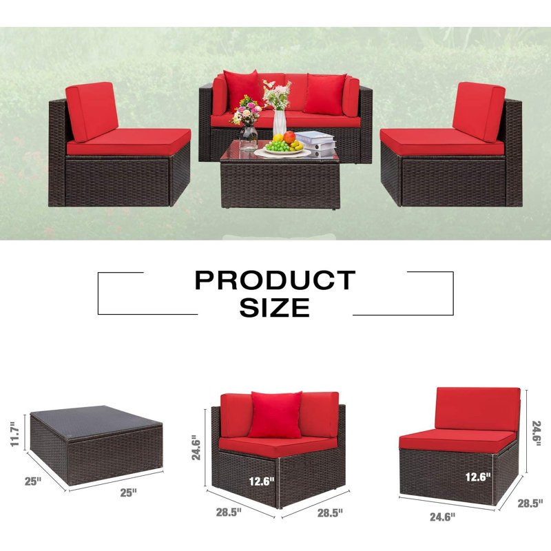 Ensemble de conversation pour patio 5 pièces avec table et coussin, Rouge