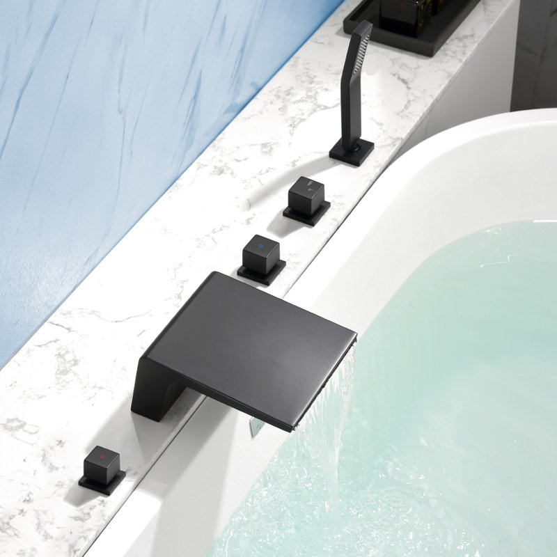 Deck Mount Roman Tub Faucet Set Waterfall High Flow Bathtub Faucets, Black