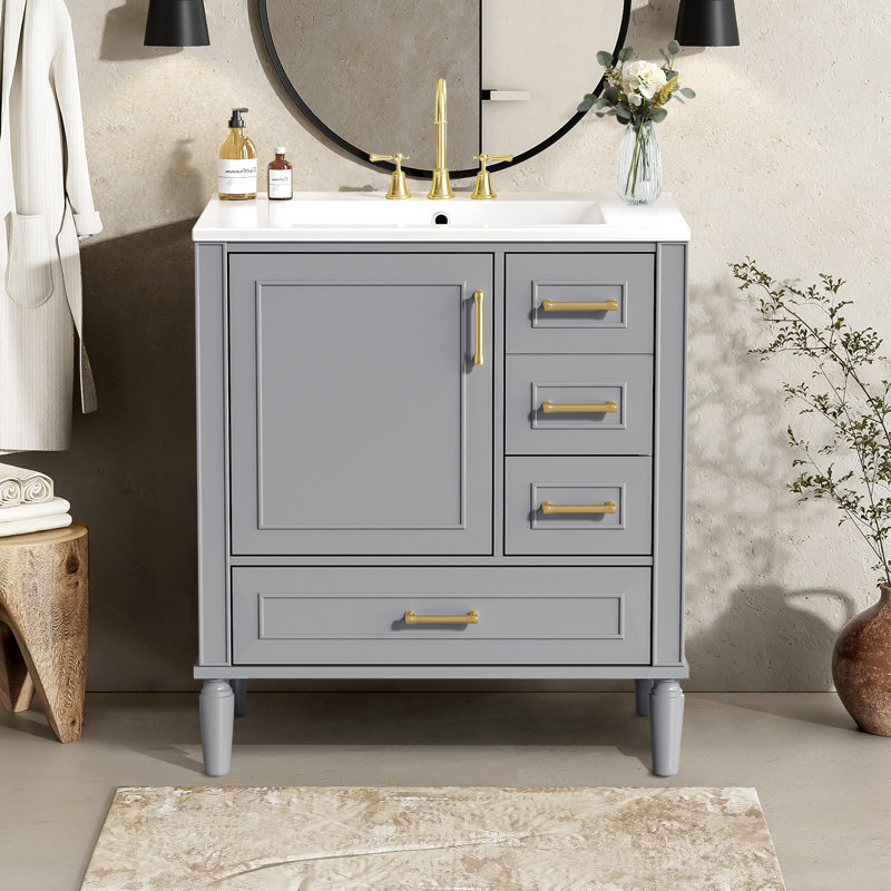 Ensemble de meuble-lavabo traditionnel, sur pied, longues poignées en métal doré, Gris