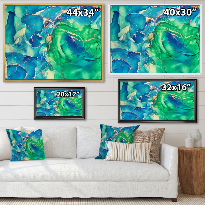 «Blue and Green Abstract Abstract Art I», reproduction sur toile, H 30 po x l 40 po, Cadre flottant en érable