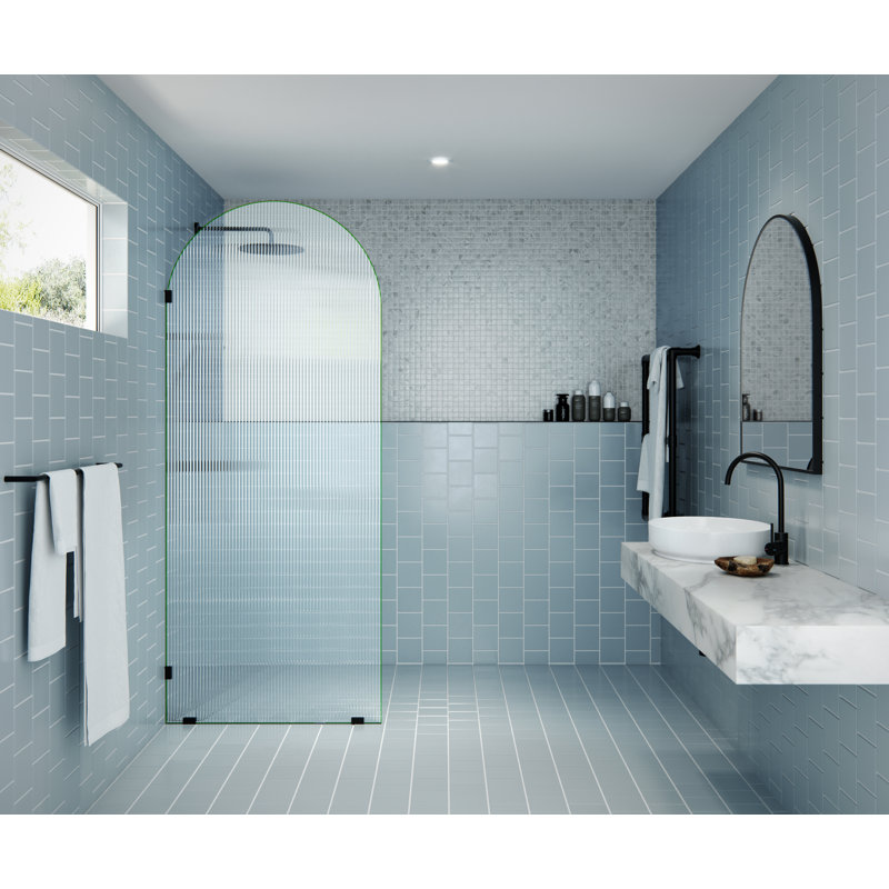 Maven 34 in. x 86.75 in. Fully Frameless Arched Fluted Single Fixed Shower Panel, Matte Black