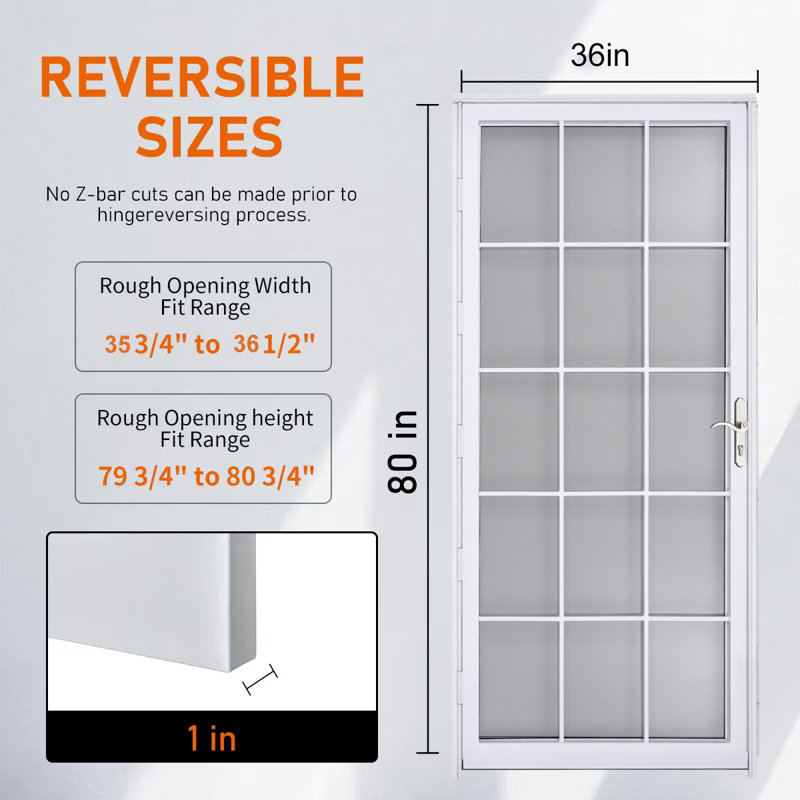 Porte de sécurité en acier gris de luxe Grisham, porte de tempête en fer 36 × 80 pouces, blanc, L 36 po x H 80 po, Blanc