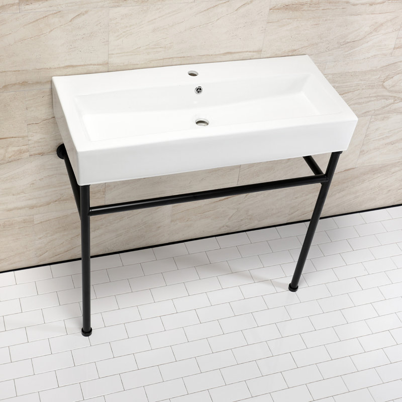 Kingston Brass New Haven 39-Inch Porcelain Console Sink with Stainless Steel Legs (1-Hole), White/Matte Black